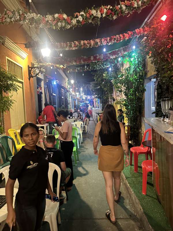 Lebhafte Gasse mit Blumen-Girlanden und Bars