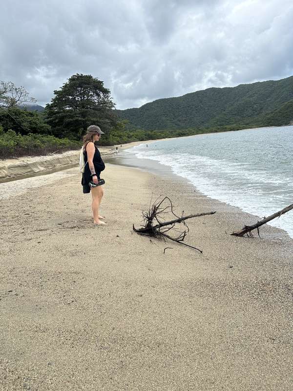 Sarah am einsamen Strand, Treibholz und Dschungel-Hügel