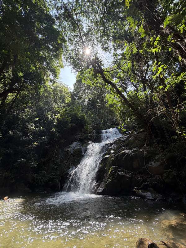 Wasserfall im Dschungel, Sonnenstrahlen durch die Bäume