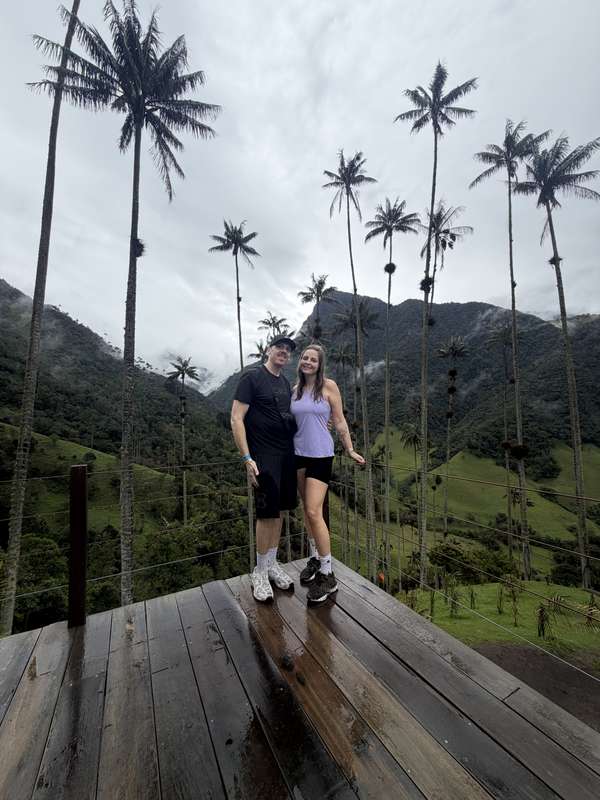 Paar-Portrait am Aussichtspunkt mit Palmen und Nebel